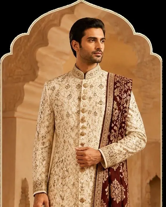 Embroidered sherwani with dupatta